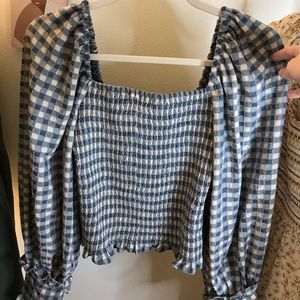 &Merci Square Neck Long Sleeve Gingham Top - Blue and Ivory